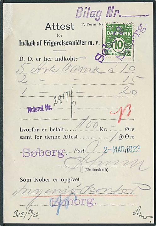 Attest for Indkøb af Frigørelsesmidler dateret d. 2.3.1923 med 10 øre Bølgelinie annulleret med kontorstempel: Søborg.
