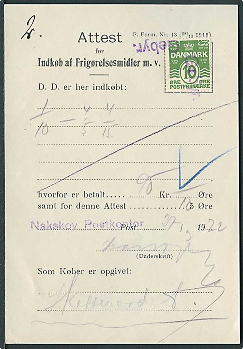 Attest for Indkøb af Frigørelsesmidler dateret Nakskov Postkontor d. 27.3.1922 med 10 øre Bølgelinie stemplet Gebyr..