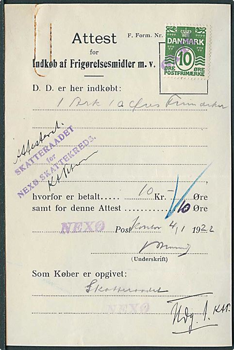 Attest for Indkøb af Frigørelsesmidler dateret d. 4.1.1922 med 10 øre Bølgelinie annulleret med kontorstempel Nexø.