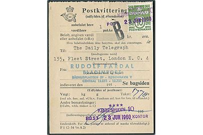10 øre Bølgelinie som gebyrmærke på postkvittering annulleret med kontorstempel København 10 d. 23.6.1960.
