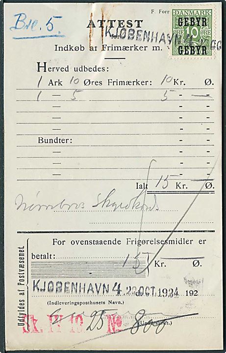 Attest for Indkøb af Frigørelsesmidler med 10 øre Gebyr provisorium annulleret med kontorstempel Kjøbenhavn 4 d. 22.10.1924.