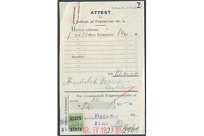 Attest for Indkøb af Frigørelsesmidler med 10 øre Gebyr provisorium annulleret med kontorstempel Hadsund d. 21.6.1923.