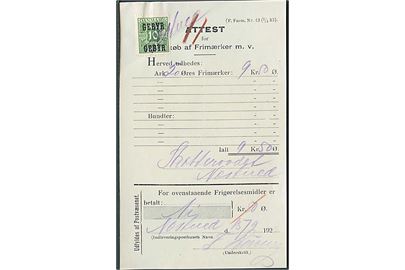 Attest for Indkøb af Frigørelsesmidler dateret d. 15.9.1923 med 10 øre Gebyr provisorium blæk-annulleret Næstved.
