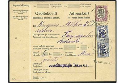 9 mark på adressekort fra Nystad, Finland, til Taivassalo d. 18.11.1924. 