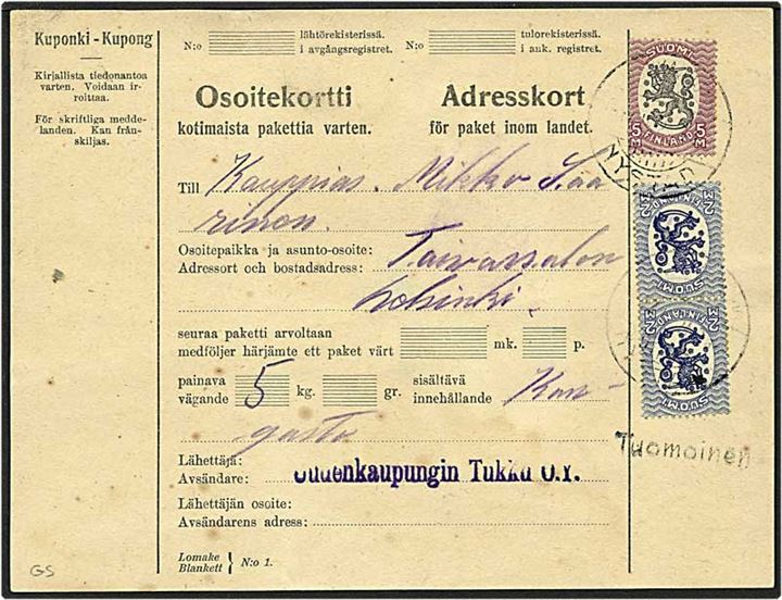 9 mark på adressekort fra Nystad, Finland, til Taivassalo d. 18.11.1924. 