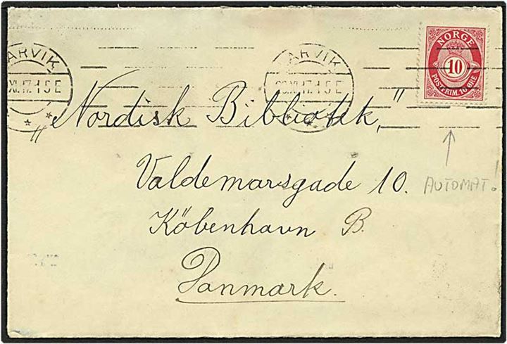 10 øre rød posthorn, automatmærke, på brev fra Narvik, Norge, d. 20.11.1917 til København.