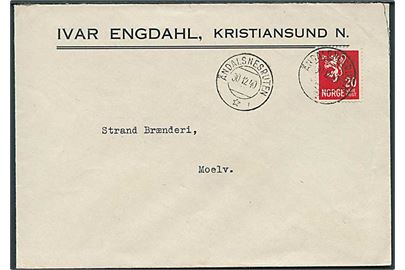 20 øre Løve på brev fra Kristiansund N annulleret med sejlende bureaustempel Åndalsnesruten d. 30.12.1940 til Moelv.