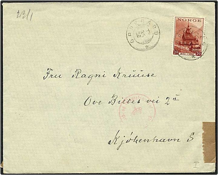 20 øre rød stavkirke på brev fra Oppegård, Norge, d. 10.9.1940 til København. Tysk og dansk censur.