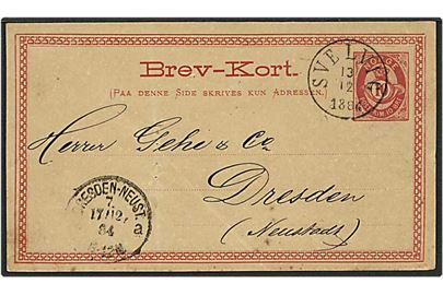 10 øre rød posthorn enkeltbrevkort fra Svelvig, Norge, d. 13.12.1884 til Dresden, Tyskland.