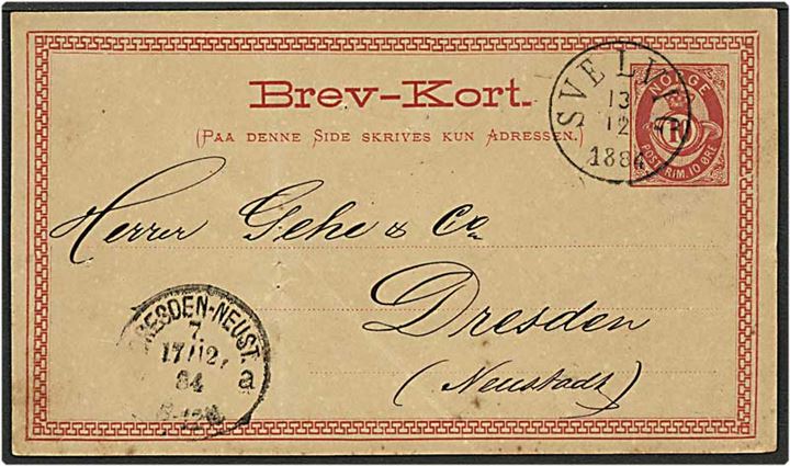 10 øre rød posthorn enkeltbrevkort fra Svelvig, Norge, d. 13.12.1884 til Dresden, Tyskland.