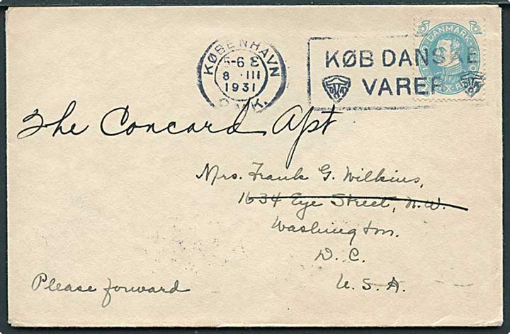 25 øre Chr. X 60 år single på brev fra København d. 8.3.1931 til Washington, USA.