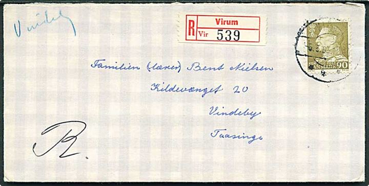 90 øre Fr. IX single på anbefalet brev fra Virum d. 5.3.1963 til Vindeby på Tåsinge.