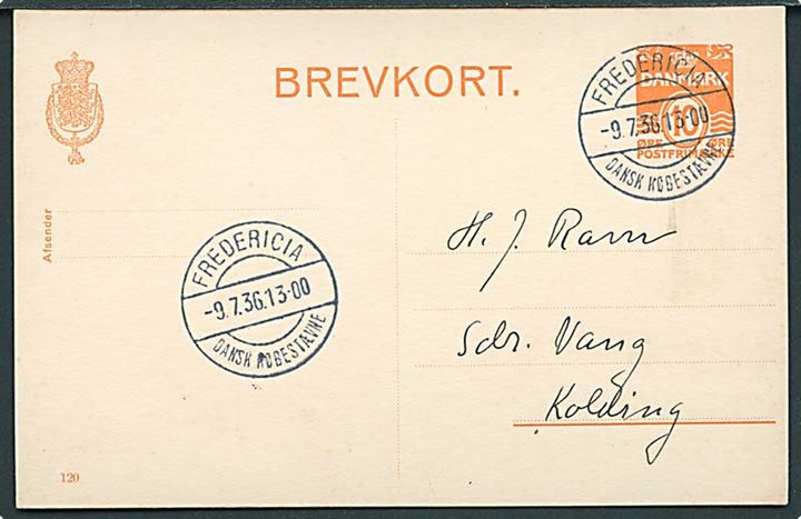 10 øre helsagsbrevkort (fabr. 120) annulleret med særstempel Fredericia Dansk Købestævne d. 9.7.1936 til Kolding.