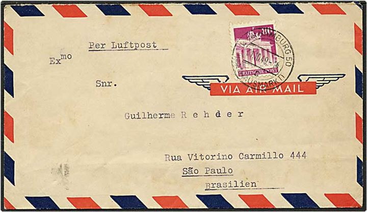 80 pfennig rødlilla singelfrankatur på luftpost brev fra Hamburg, Tyskland, d. 31.10.1949 til Sao Paulo, Brasilien.