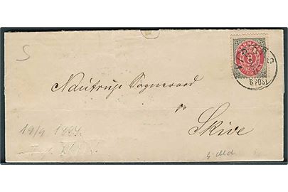 8 øre Tofarvet på brev annulleret med lapidar Viborg d. 20.9.1884 til Nautrup Sogneraad pr. Skive.