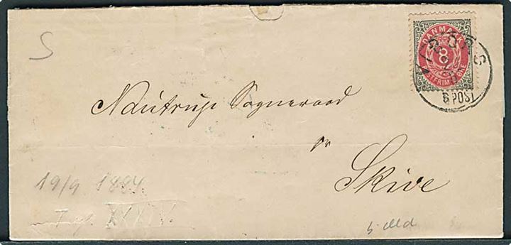 8 øre Tofarvet på brev annulleret med lapidar Viborg d. 20.9.1884 til Nautrup Sogneraad pr. Skive.