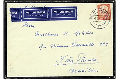 80 pfennig karminrosa singelfrankatur på luftpost brev fra Bad Nauheim, Tyskland, d. 2.9.1959 til Sao Paulo, Brasilien.