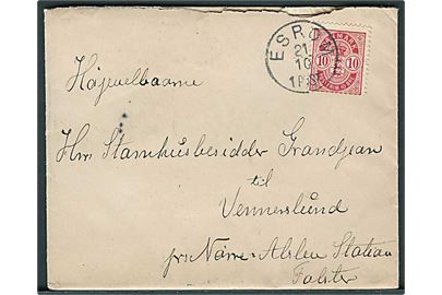 10 øre Våben på brev annulleret med lapidar Esrom d. 21.10.1904 til Vennerslund pr. Nr. Alslev.