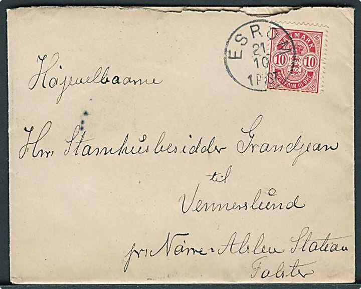 10 øre Våben på brev annulleret med lapidar Esrom d. 21.10.1904 til Vennerslund pr. Nr. Alslev.