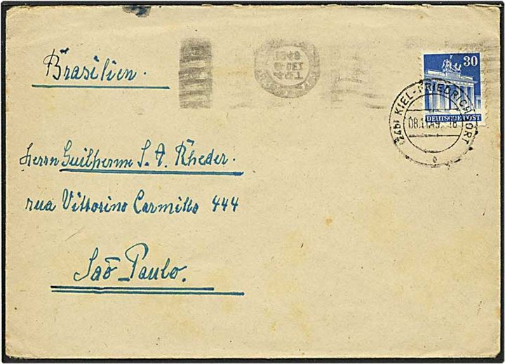 30 pfennig blå singelfrankatur på brev fra Kiel, Tyskland, d. 8.11.1949 til Sao Paulo, Brasilien.