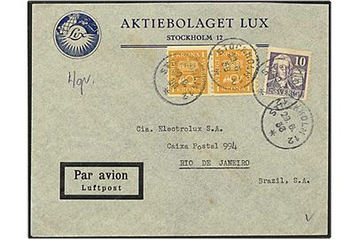 2,10 kr. porto på luftpost brev fra Stockholm, Sverige, d. 29.6.1938 til Rio de Janeiro, Brasilien.