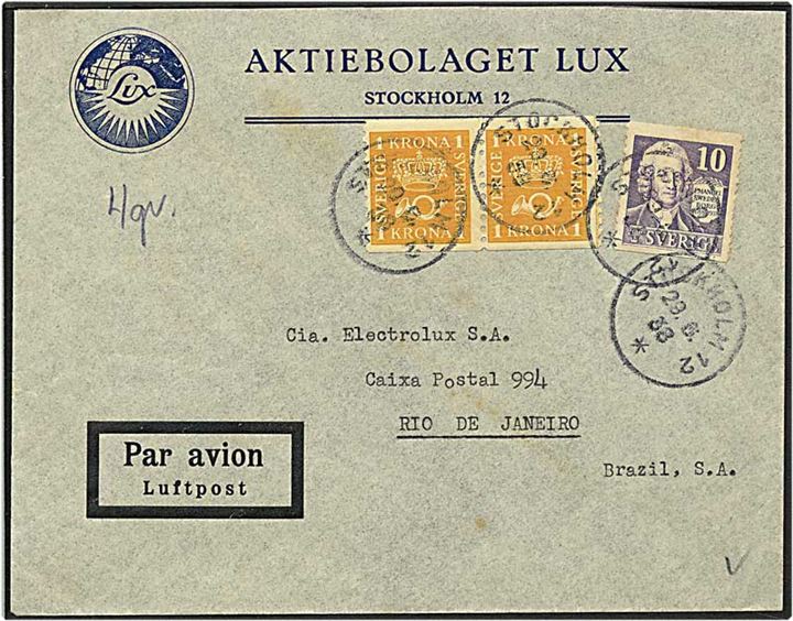 2,10 kr. porto på luftpost brev fra Stockholm, Sverige, d. 29.6.1938 til Rio de Janeiro, Brasilien.