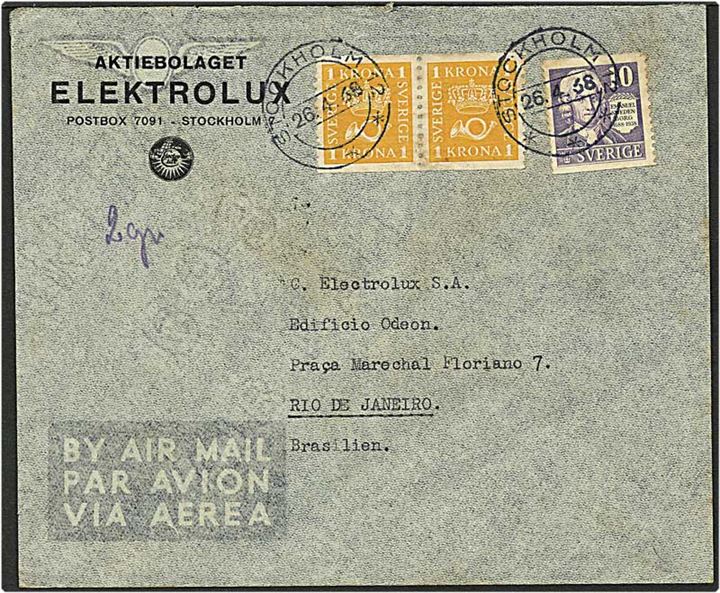 2,10 kr. porto på luftpost brev fra Stockholm, Sverige, d. 26.4.1938 til Rio de Janeiro, Brasilien.