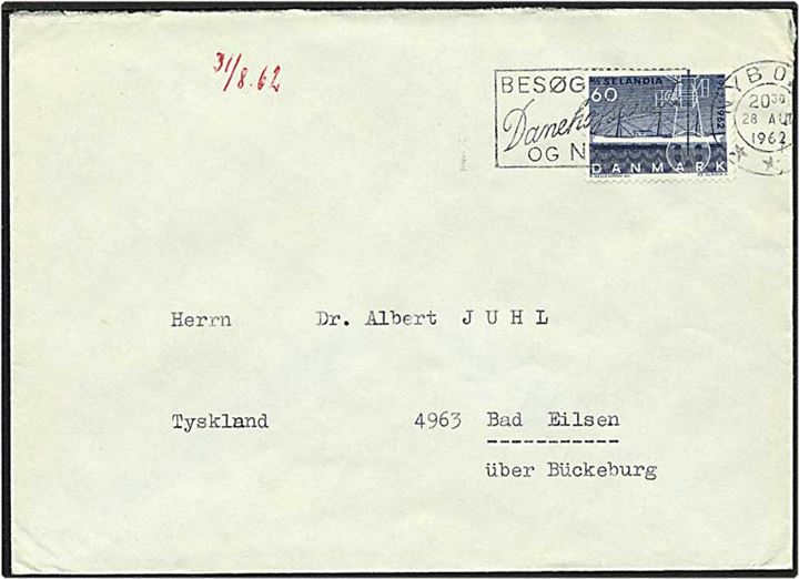 60 øre blå Selandia singelfrankatur på brev fra Nyborg d. 28.8.1962 til Bad Eilsen, Tyskland.