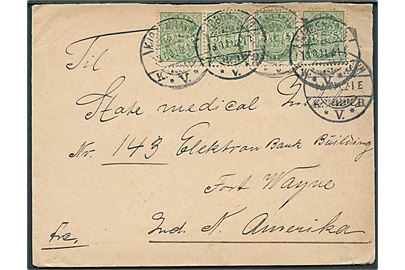 5 øre Våben (4) på brev fra Kjøbenhavn d. 13.10.1900 til Fort Wayne, USA.