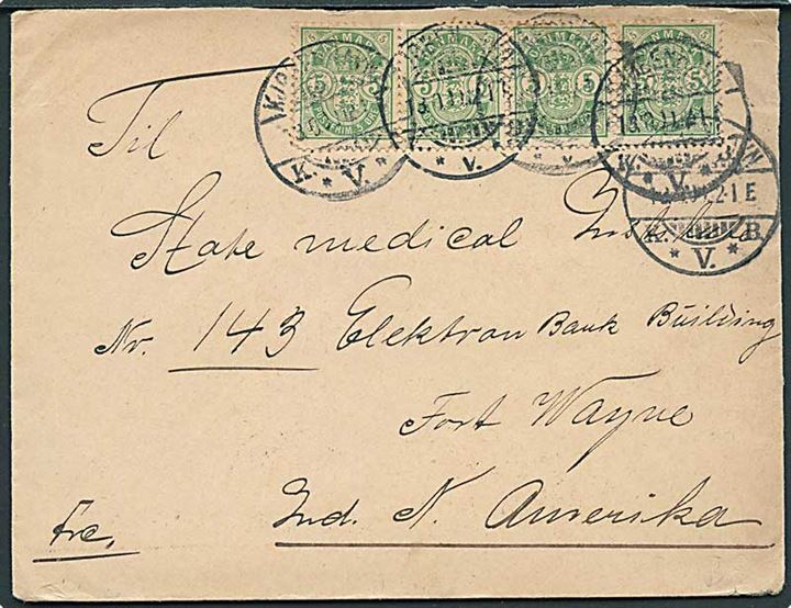 5 øre Våben (4) på brev fra Kjøbenhavn d. 13.10.1900 til Fort Wayne, USA.
