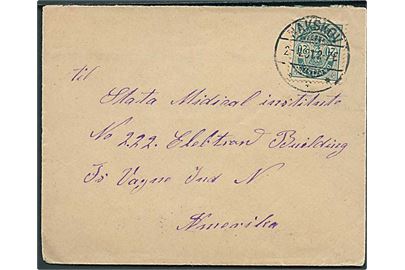 20 øre Våben single på brev fra Nakskov d. 2.4.1901 til Fort Wayne, USA.
