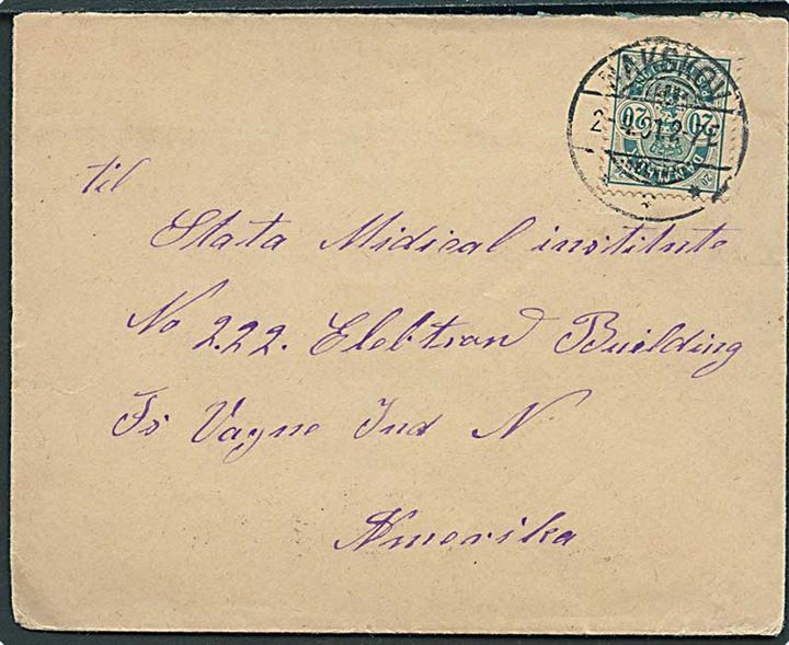 20 øre Våben single på brev fra Nakskov d. 2.4.1901 til Fort Wayne, USA.