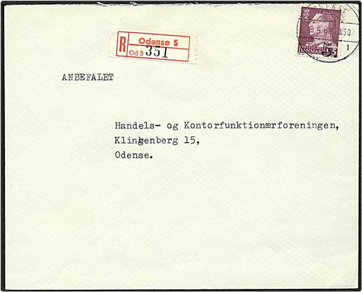 95 øre mørkrødlilla Fr. IX singelfrankatur på lokalt sendt Rec. brev fra Odense d. 15.4.1964.