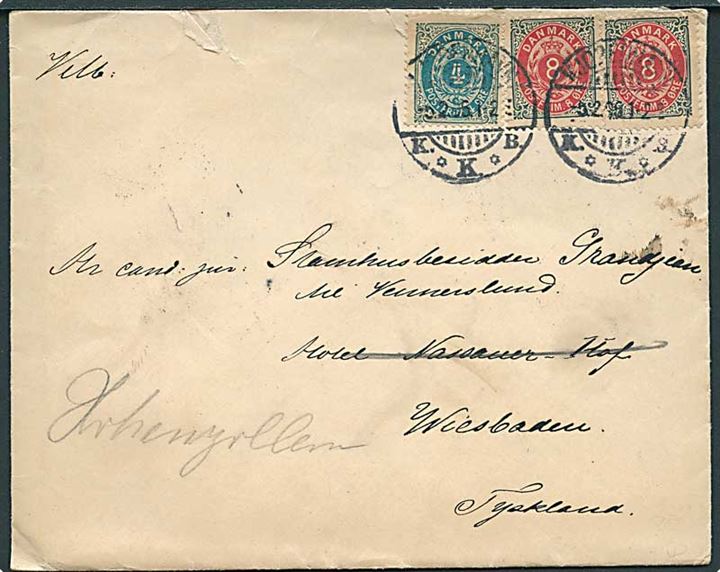 4 øre omv. rm. og 8 øre (par) Tofarvet på 20 øre frankeret brev fra Kjøbenhavn d. 5.2.1896 til Wiesbaden, Tyskland - eftersendt.