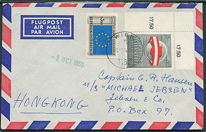 7 sh. blandingsfrankeret luftpostbrev fra Wien d. 30.9.1969 til M/S Michael Jebsen, Hongkong.