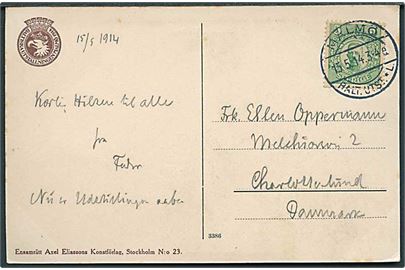 5 öre Gustaf på brevkort annulleret med særstempel Malmö Balt.Utst.*L. d. 15.5.1914 til Charlottenlund, Danmark.