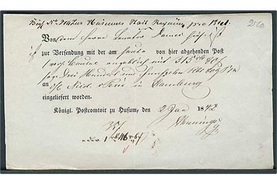 1842. Fortrykt kvittering fra Königl. Postcomtoir Zu Husum d. 2.1.1842 for pengebrev til Hamburg.