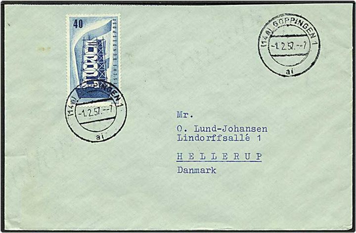 40 pfennig blå på brev fra Göppingen, Tyskland, d. 1.2.1957 til Hellerup.