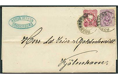 5 pfg. Ciffer og 10 pfg. Adler på 15 pfg. frankeret brev annulleret med 2-ringsstempel Sonderburg d. 10.1.1876 til Kjøbenhavn. Særtakst fra Hertugdømmerne til Danmark.