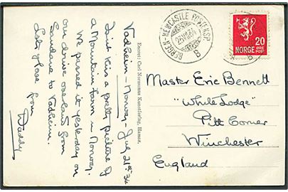 20 øre Løve på brevkort dateret Vadheim annulleret med sejlende bureaustempel Bergen - Newcastle Posteksp. B d. 23.8.1934 til Winchester, England.