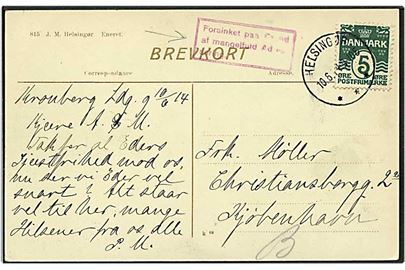 5 øre grøn bølgelinie på postkort fra Helsingør d. 10.6.1916 til København. Kortet forsinket på grund af mangelfuld adresse.