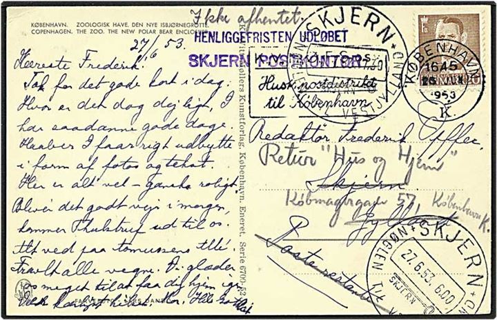 20 øre brun Fr. IX på postkort sent som Poste Restance fra København d. 26.6.1953 til Skjern. Kortet returneret.