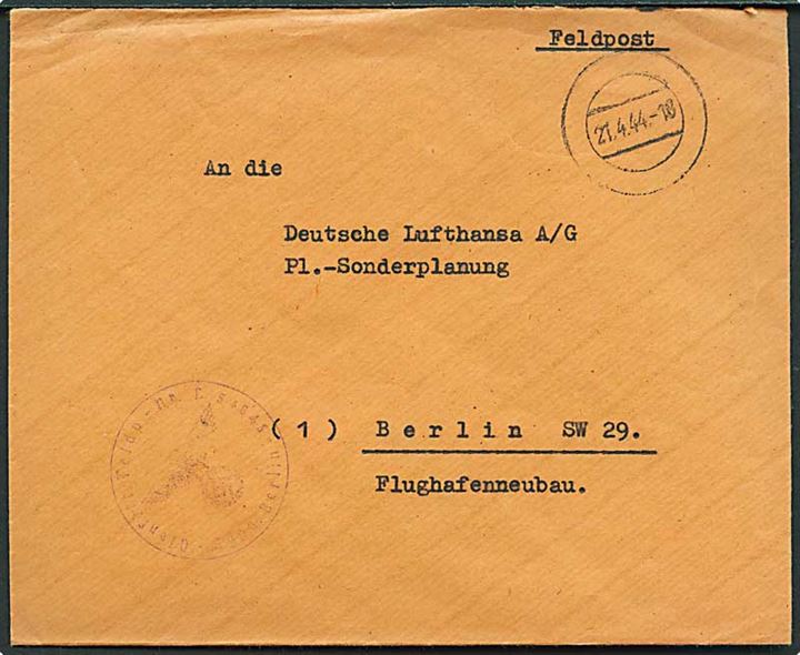 Ufrankeret tysk feltpostbrev med stumt stempel d. 21.4.1944 til Deutsche Lufthansa A/G i Berlin. Briefstempel og afs.-stempel fra Dienststelle Feldpost-nr. L54845 Luftgaupostamt Berlin = 1. Staffel Transport-Gruppe 20 stationeret i Oslo, Norge.