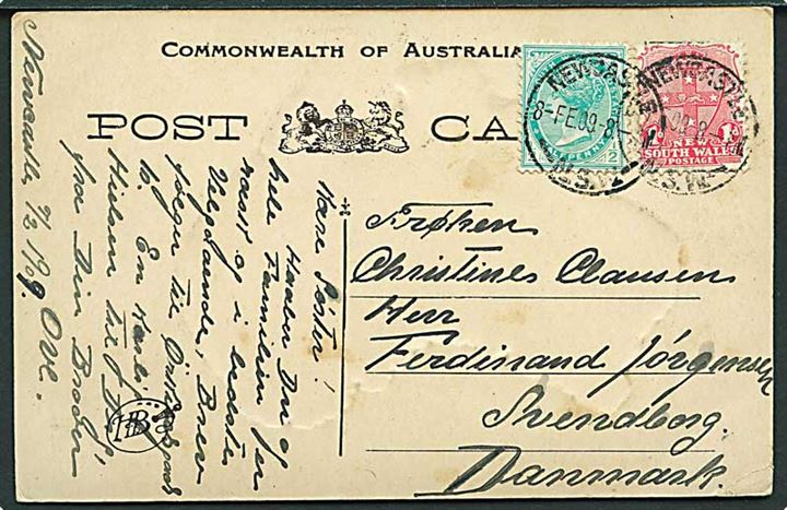 New South Wales. ½d og 1d på brevkort fra Newcastle d. 8.2.1909 til Svendborg, Danmark.