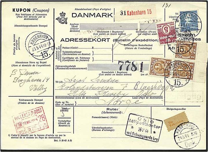 40 øre blå og 1 kr. brun Chr. X samt 5 øre vinrød bølgelinie på adressekort fra København d. 23.5.1944 til Bekkelagshøgda, Norge.