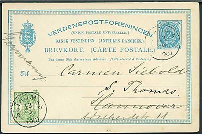 2 cents helsagsbrevkort opfrankeret med 1 cent Våben fra St. Thomas d. 13.9.1901 til Hannover, Tyskland - omadresseret til St. Thomas. Uden meddelelse på bagsiden.