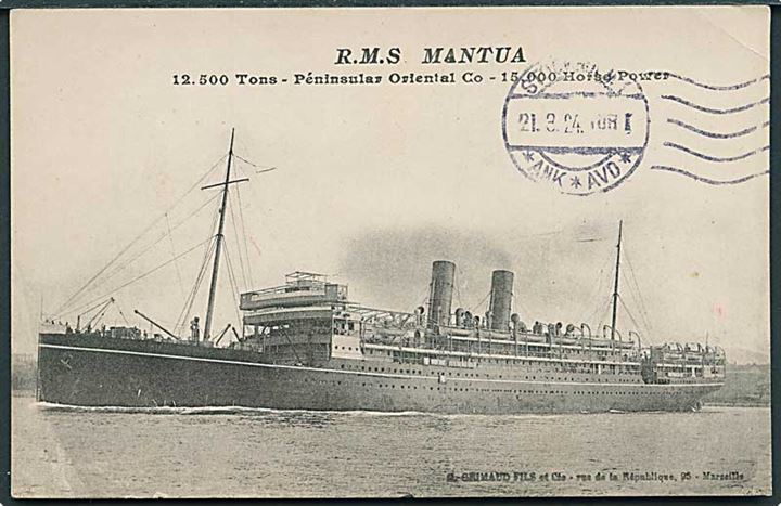 R.M.S. Mantua. P. & O. Line. Grimaud u/no. Port Said paquebot stempel. 