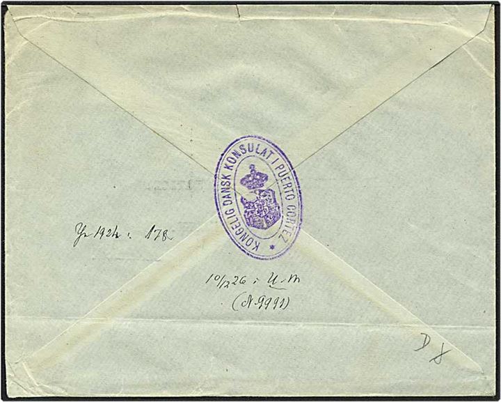 10 centavos blå på brev fra det Kongelige danske Konsulat i Puerto Cortes, Honduras, d. 11.11.1926 til København.