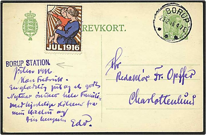 5 øre grøn Chr. X enkeltbrevkort fra Borup d. 23.12.1916 til Charlottenlund. Borup Station liniestempel.