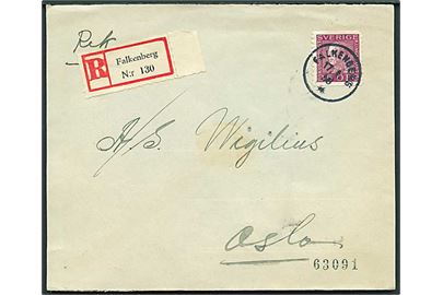 35 öre Gustaf single på anbefalet brev fra Falkenberg d. 17.1.1936 til Oslo, Norge.